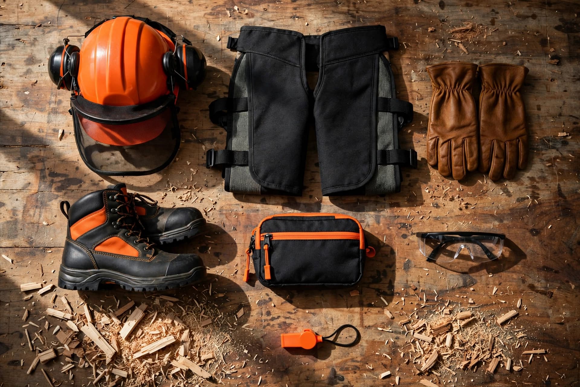 Flat lay of chainsaw safety gear including helmet with face screen, cut-resistant chaps, gloves and boots 