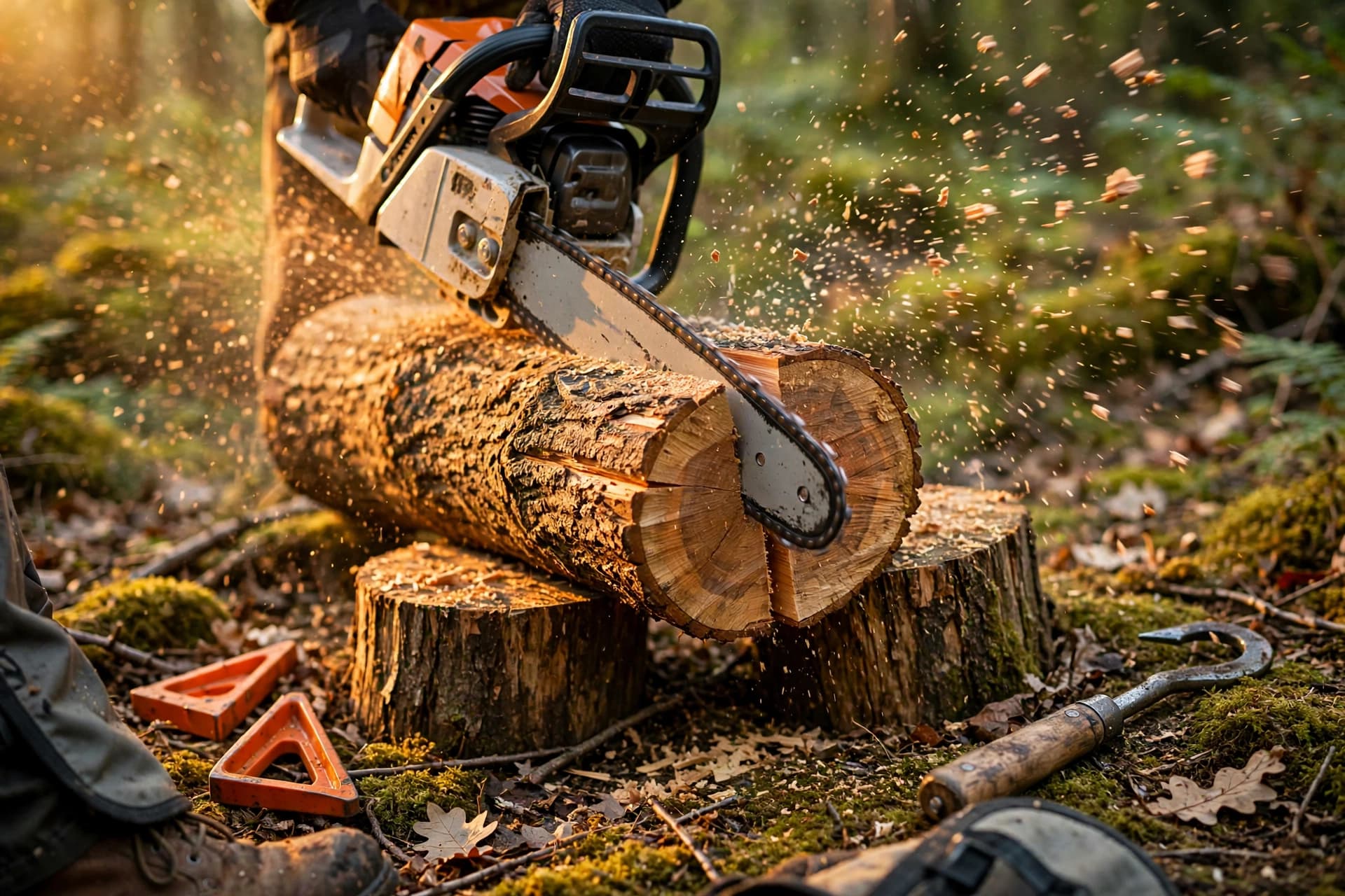 Cutting a fallen oak trunk into sections with a chainsaw, plastic wedge in the cut and sawdust flying
