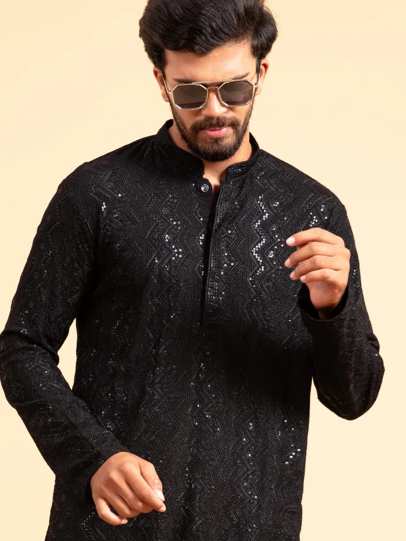Black Heavy Embroidered Kurta, front view