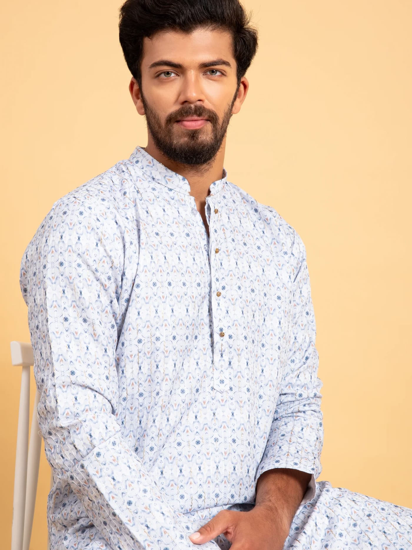 Icy Blue Printed Thread-Work Kurta, front view