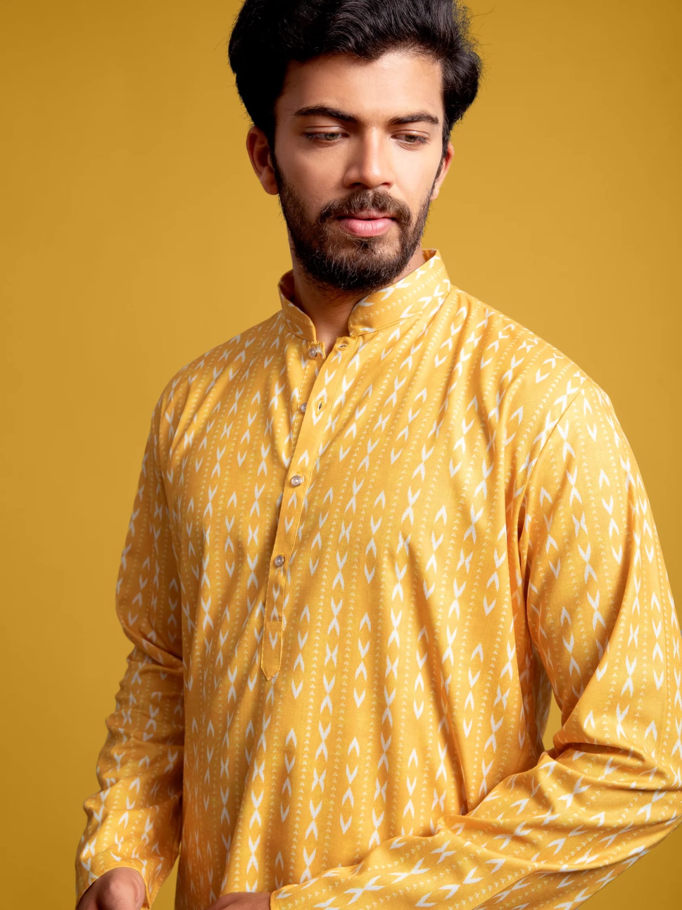 Yellow Printed Linen-Blend Kurta, front view