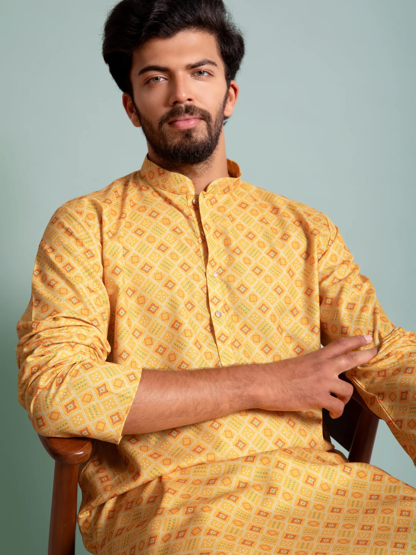 Yellow Printed Kurta, front view