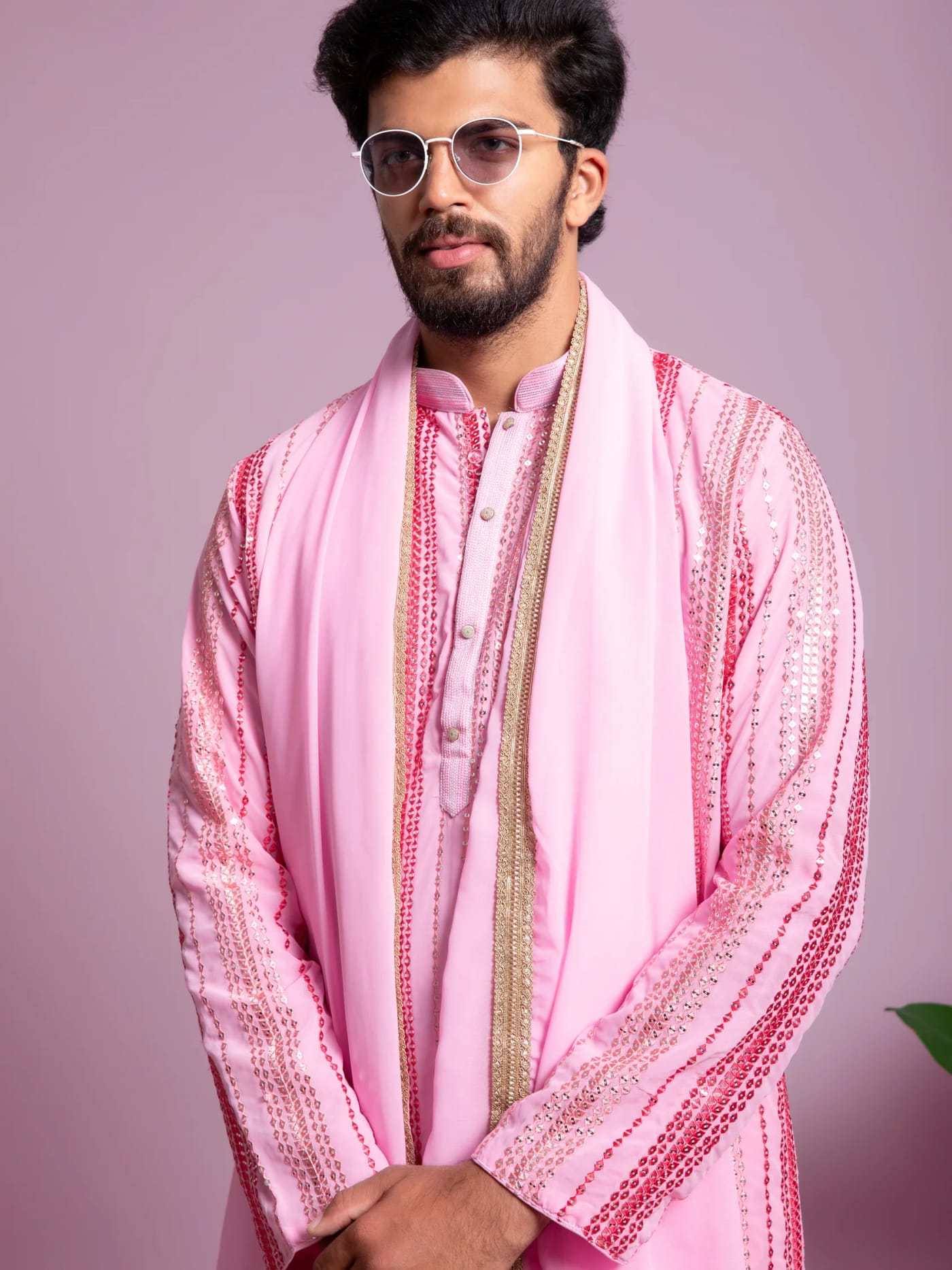 Pink Heavy Sequin Kurta Set with Dupatta, front view