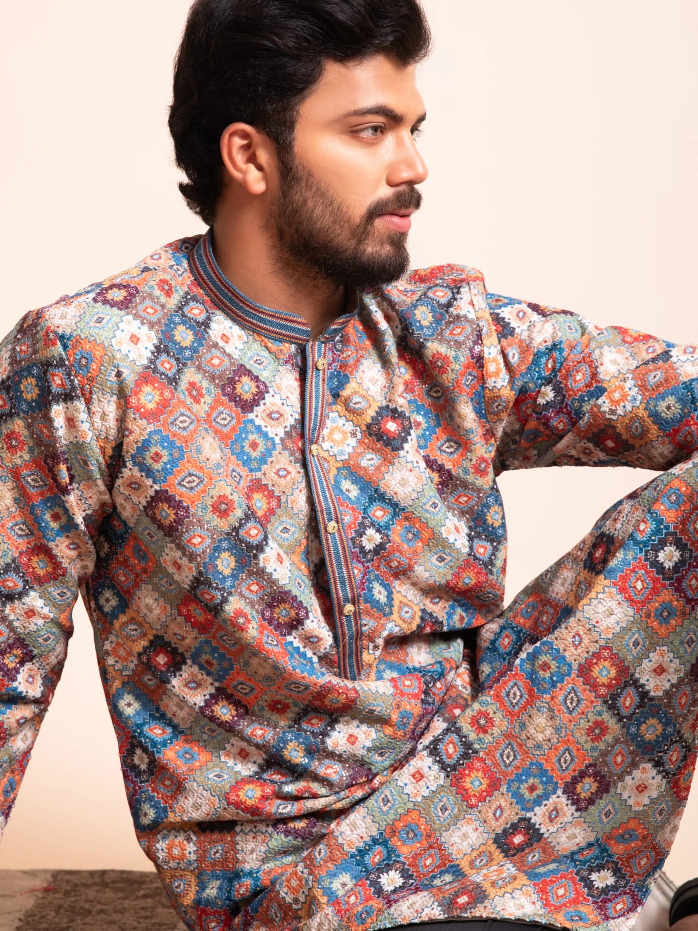 Multicolour Printed Embroidered Sequin Kurta, front view