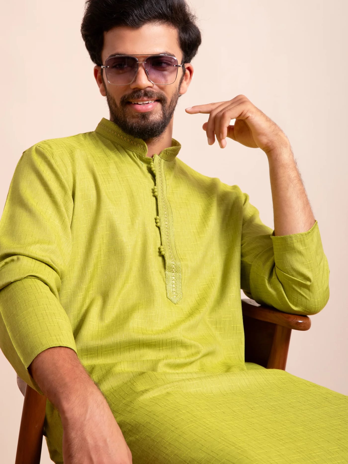 Pista Embroidered Plain Kurta, front view