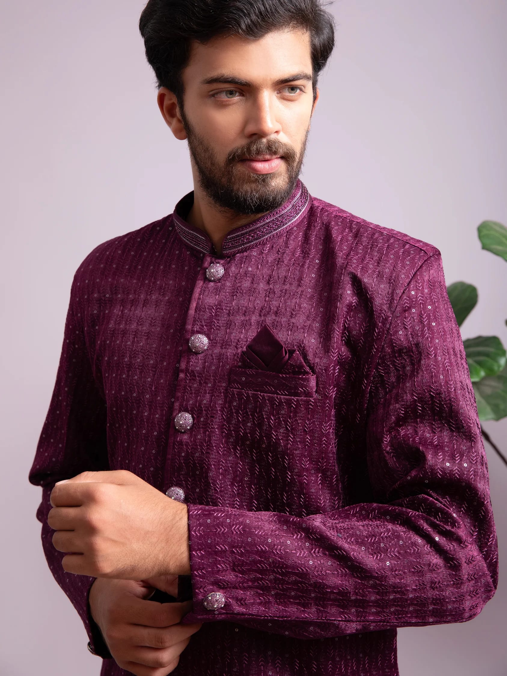Wine Heavy Sequin-Embroidered Kurta, front view