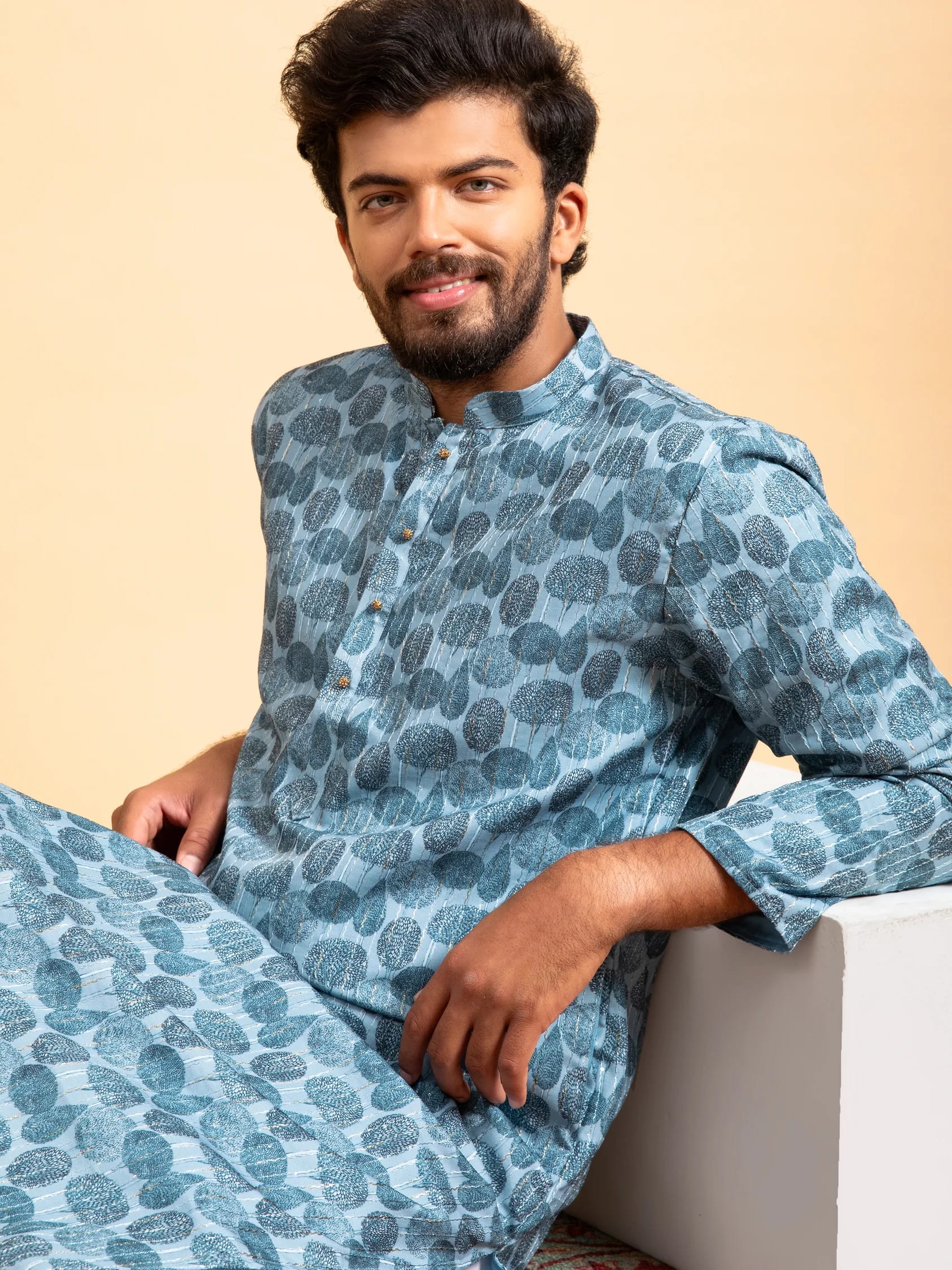 Cream Yellow Mirror-Work Tie-Dye Kurta, front view