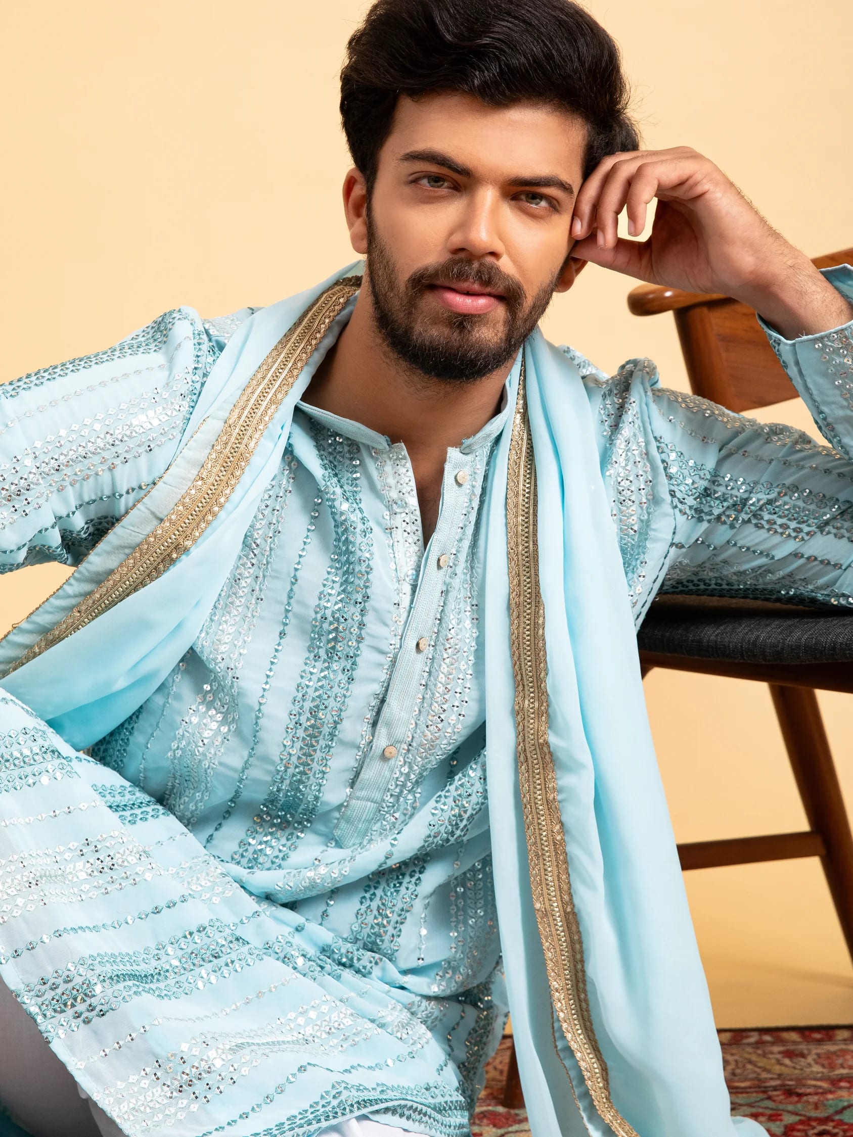 Sky Blue Heavy Sequin Kurta Set with Dupatta, front view