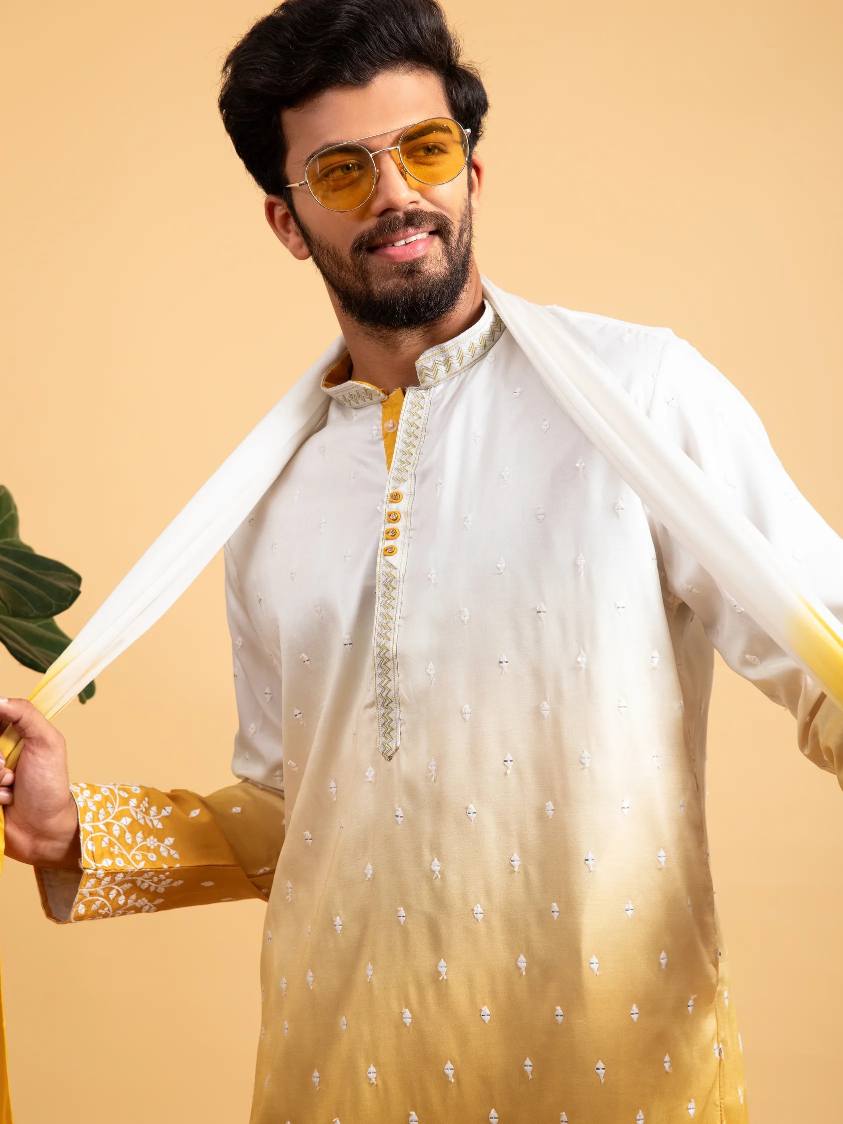 Yellow Ombré Kurta Set with Dupatta, front view
