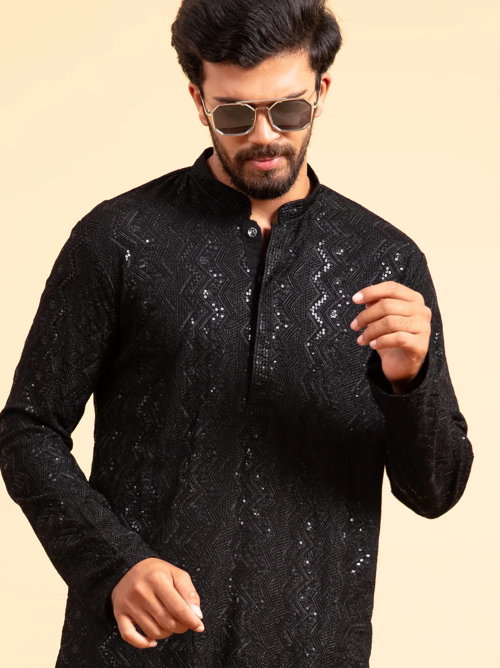 Black Heavy Embroidered Kurta, front view