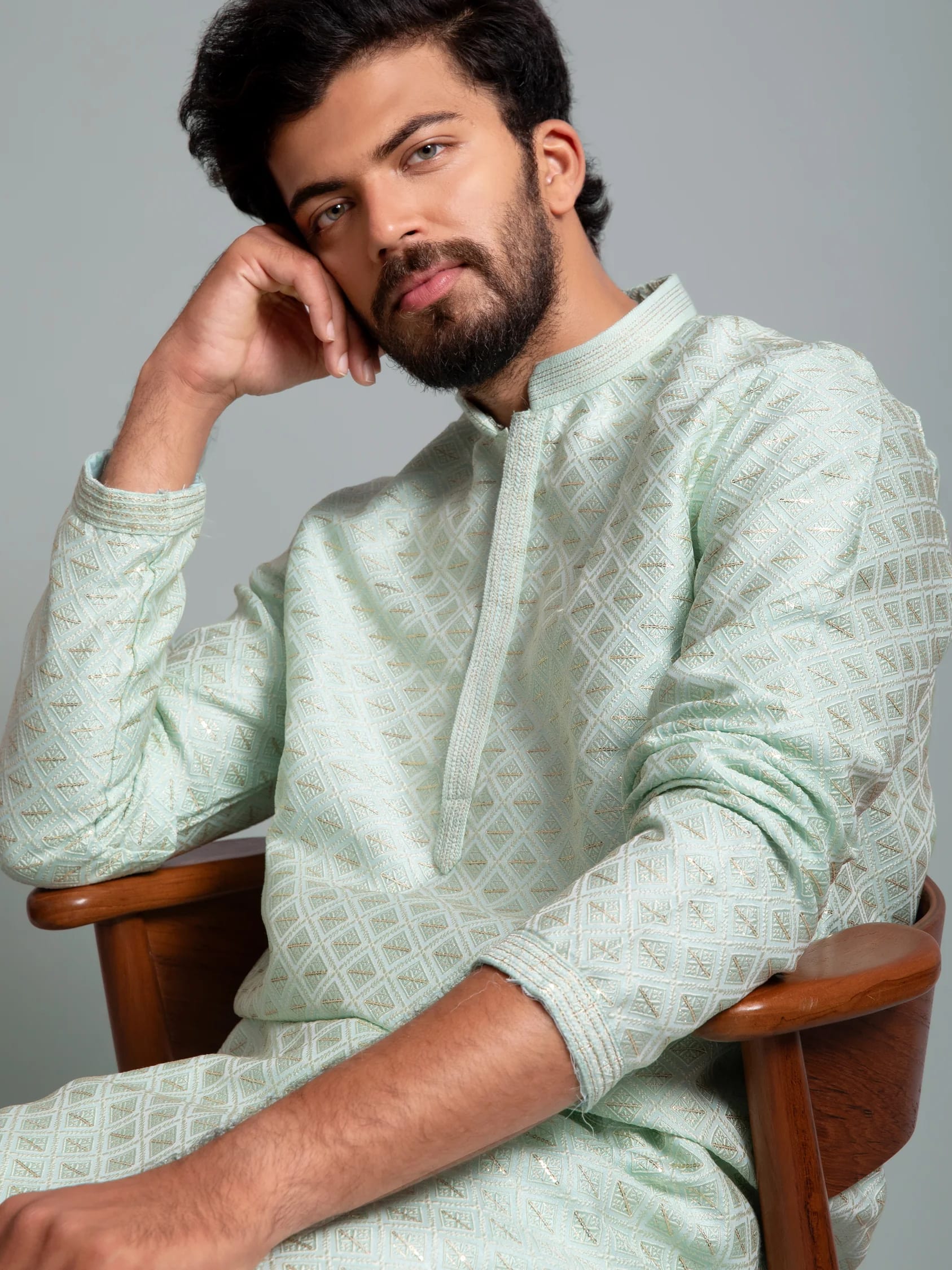 Sea Green Sequin Jacquard Kurta, front view