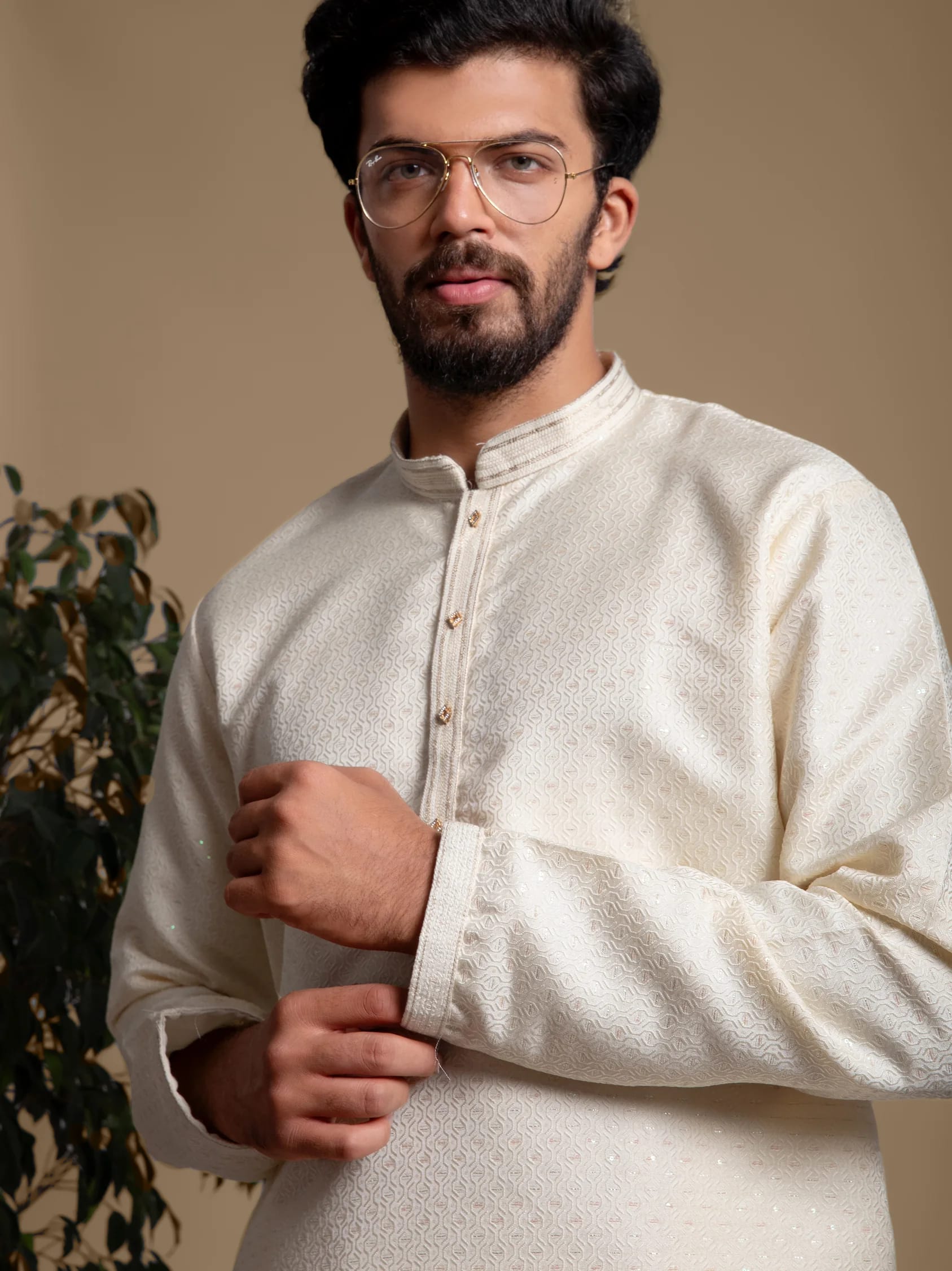 Cream Sequin Jacquard Kurta, front view