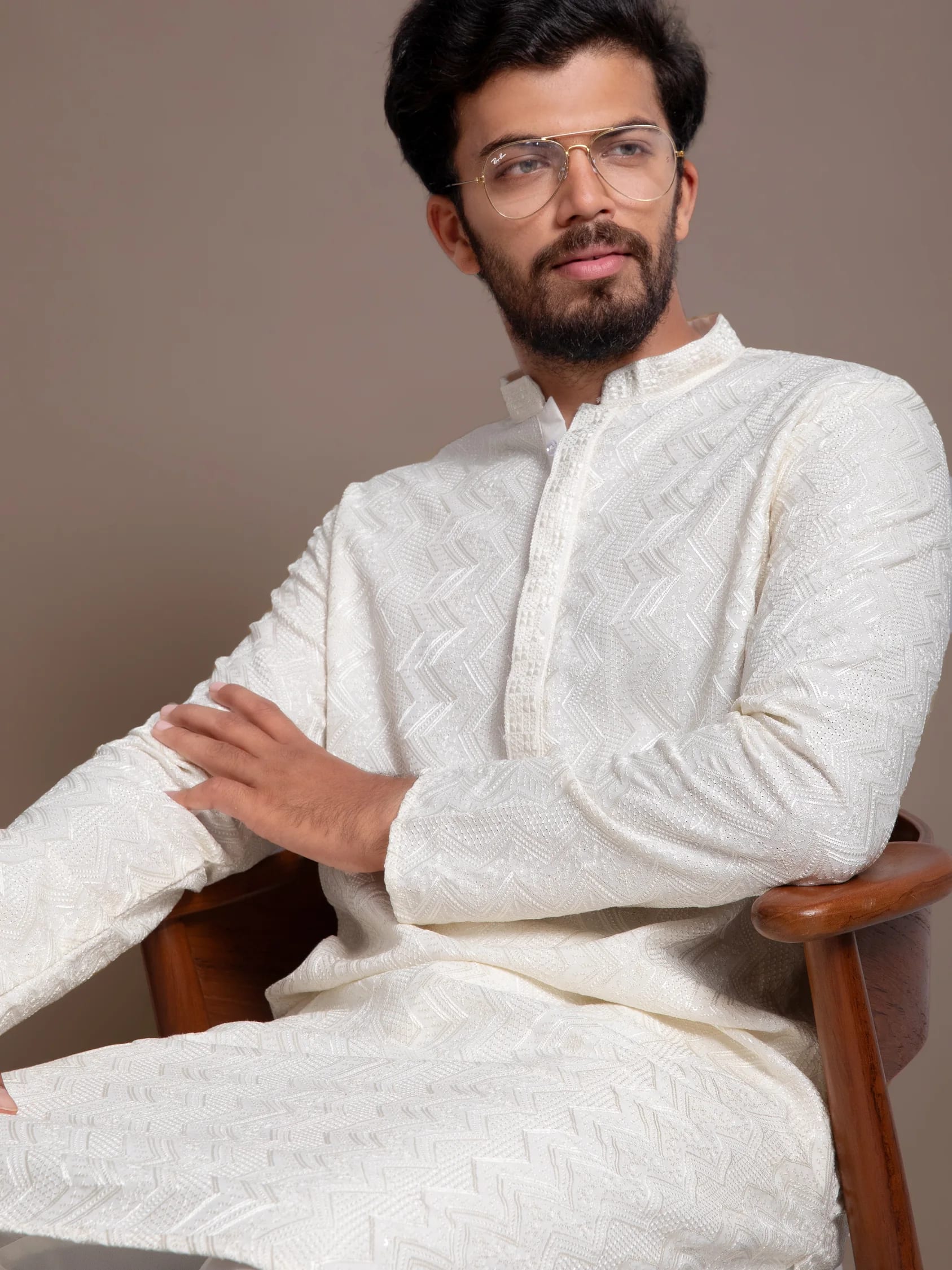White Printed Multicolour Thread-Work Kurta, front view