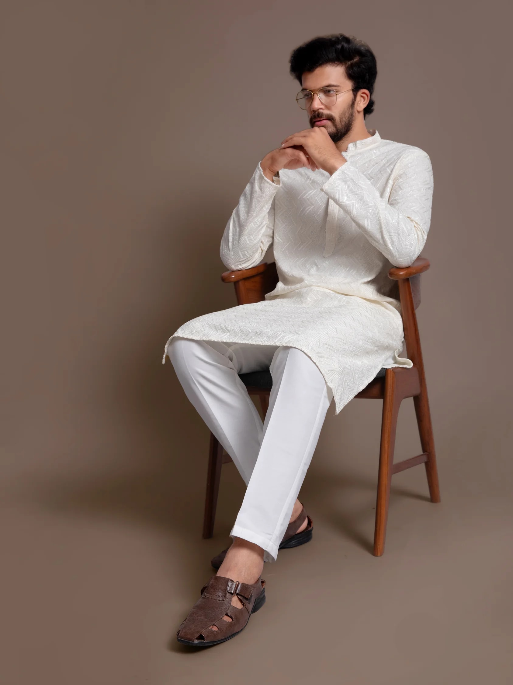 White Printed Multicolour Thread-Work Kurta, product view