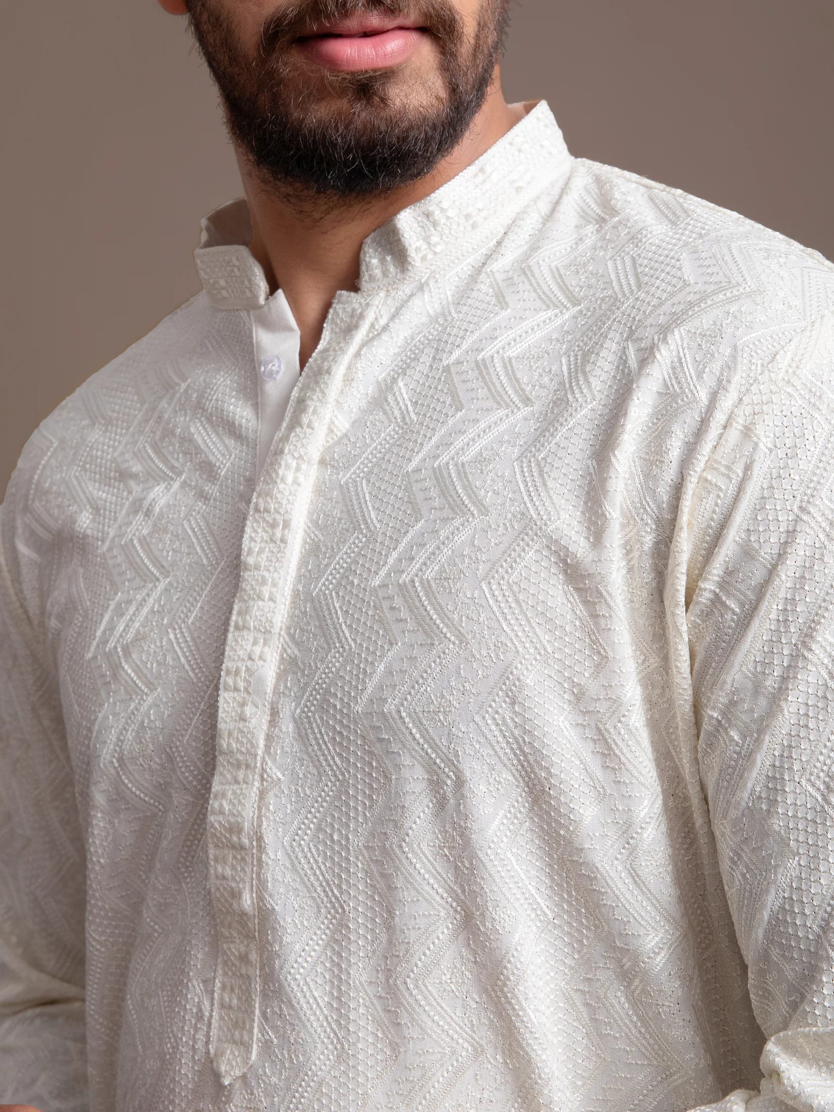 White Printed Multicolour Thread-Work Kurta, product view
