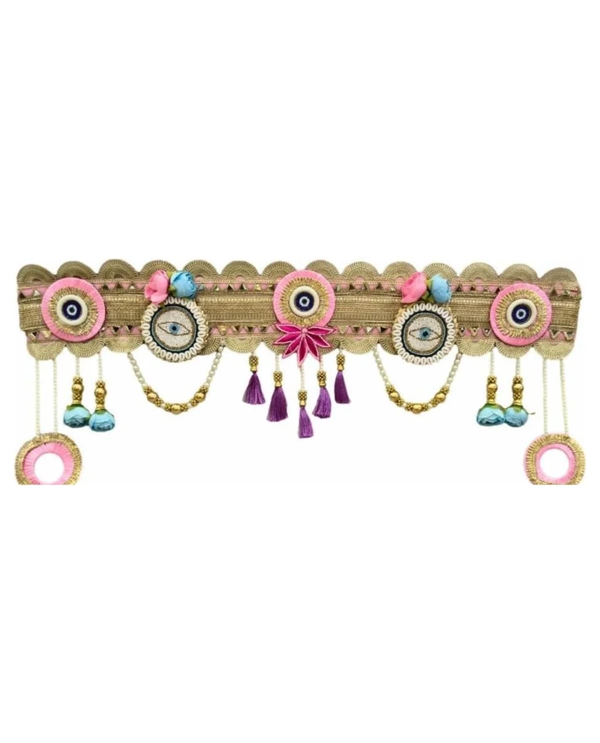 Pink Evil-Eye Lotus Purple Tassel Toran 1