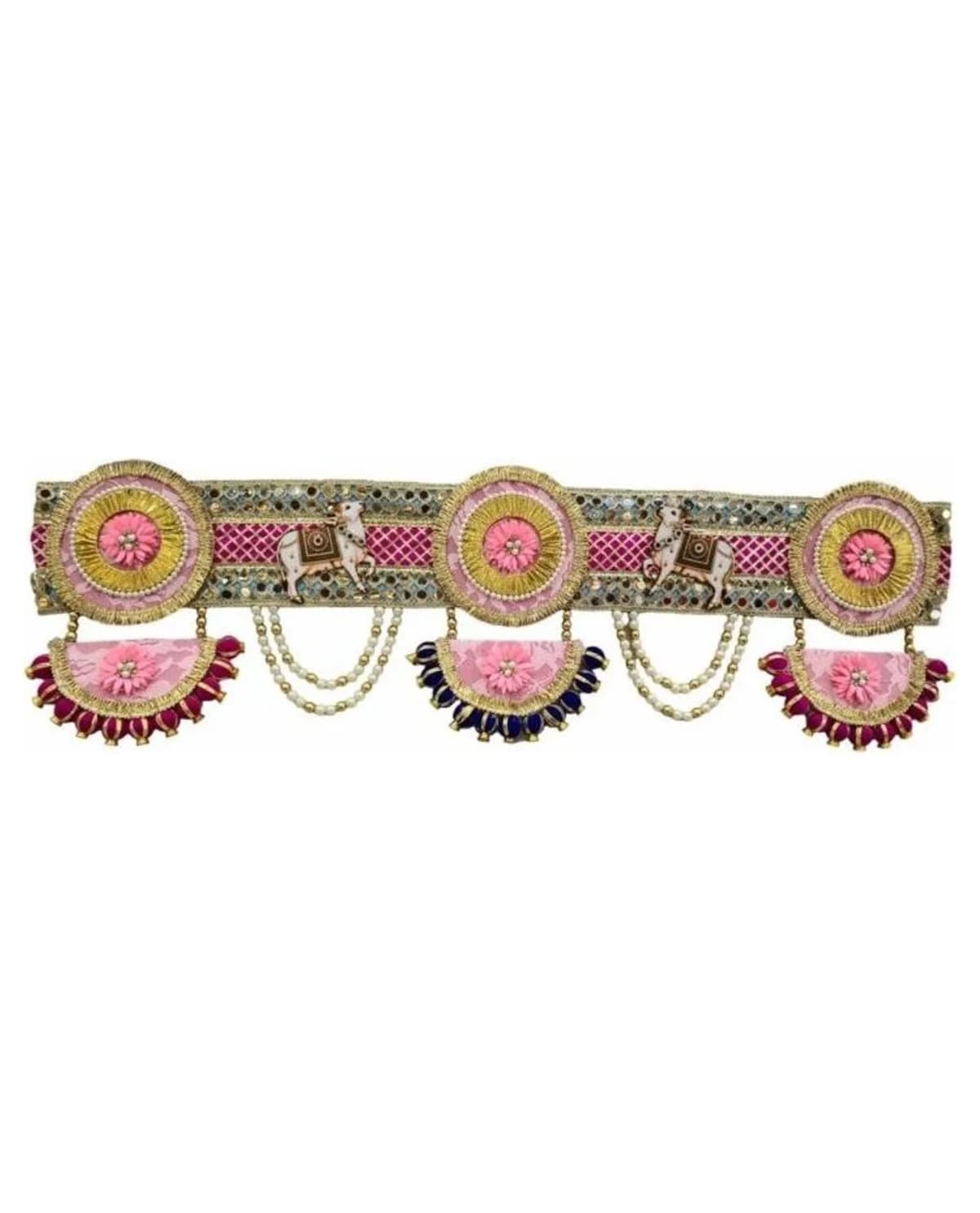 Pink Rosette Cow Mirror-Work Toran 1