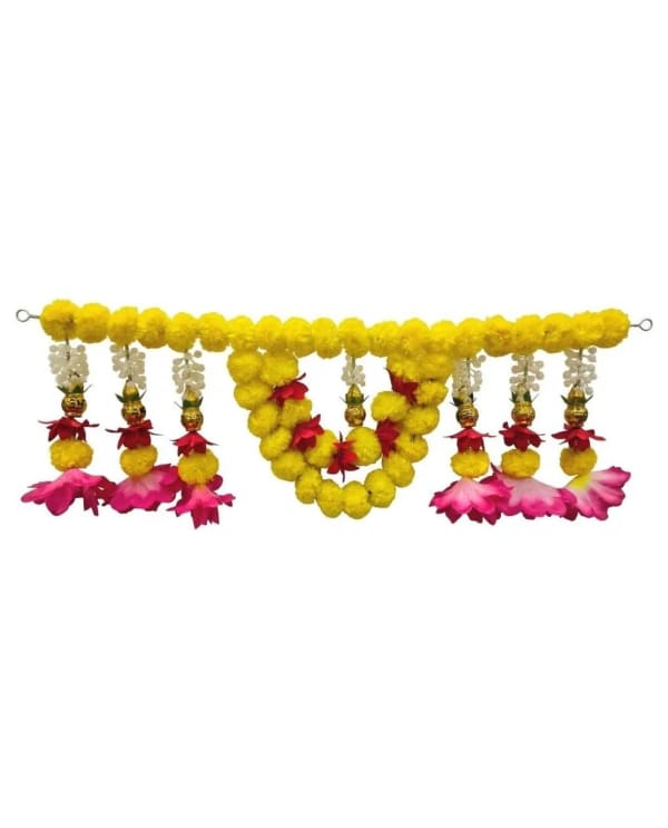 3 Ft Yellow Big-Loop Toran With Pink Flowers
