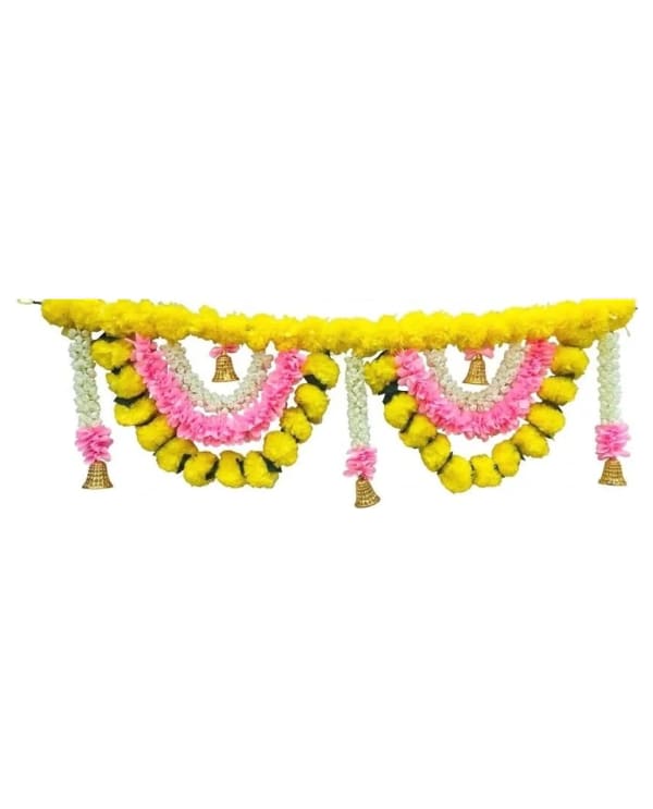 3 Ft Yellow Twin-Loop Toran With Pink Flowers