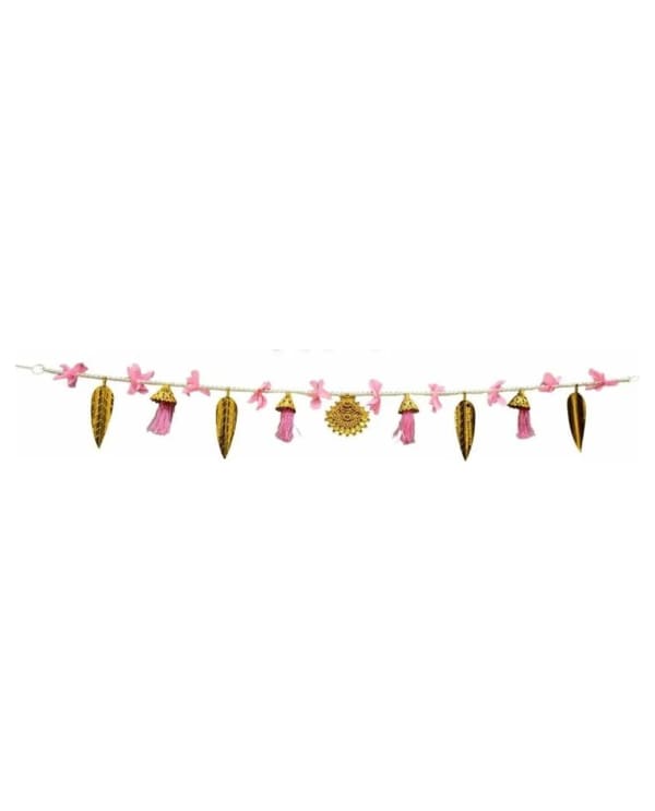 Pink Flower Toran With Gold Leaves