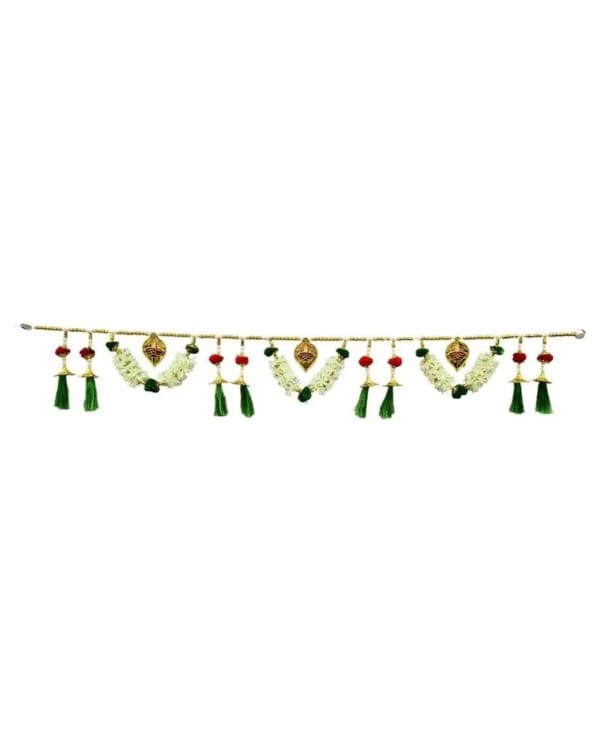 White Flower Toran With Green Tassels