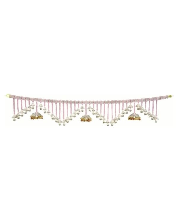 Pink Bead Fringe White Bell Toran