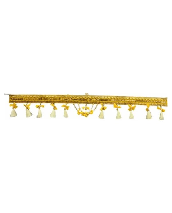 Yellow Glitter Band Cream Tassel Toran
