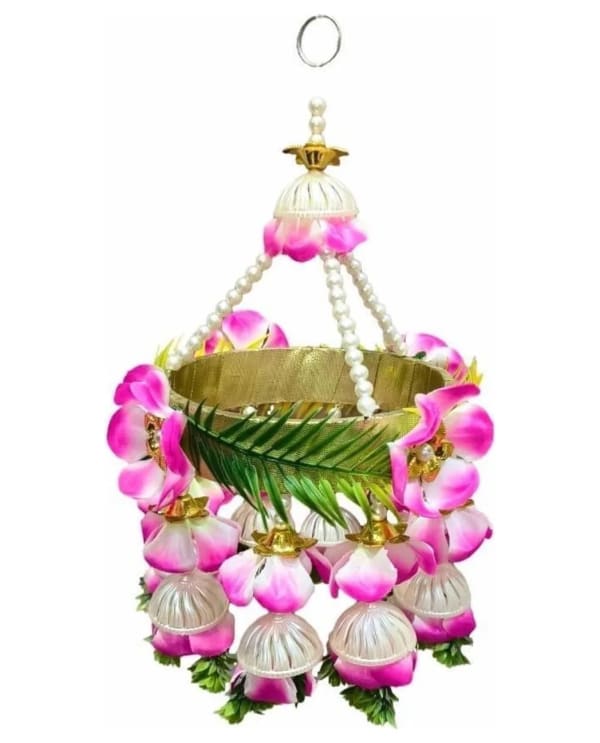 Pink Flower Ring Jhoomer With Pearls