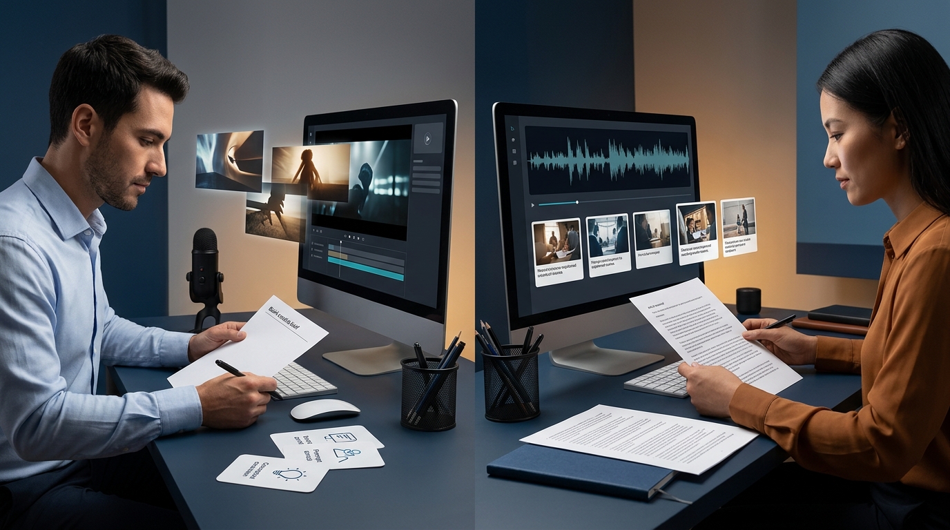 Conceptual comparison showing prompt-led video creation beside the repurposing of an article and recording into storyboard scenes.