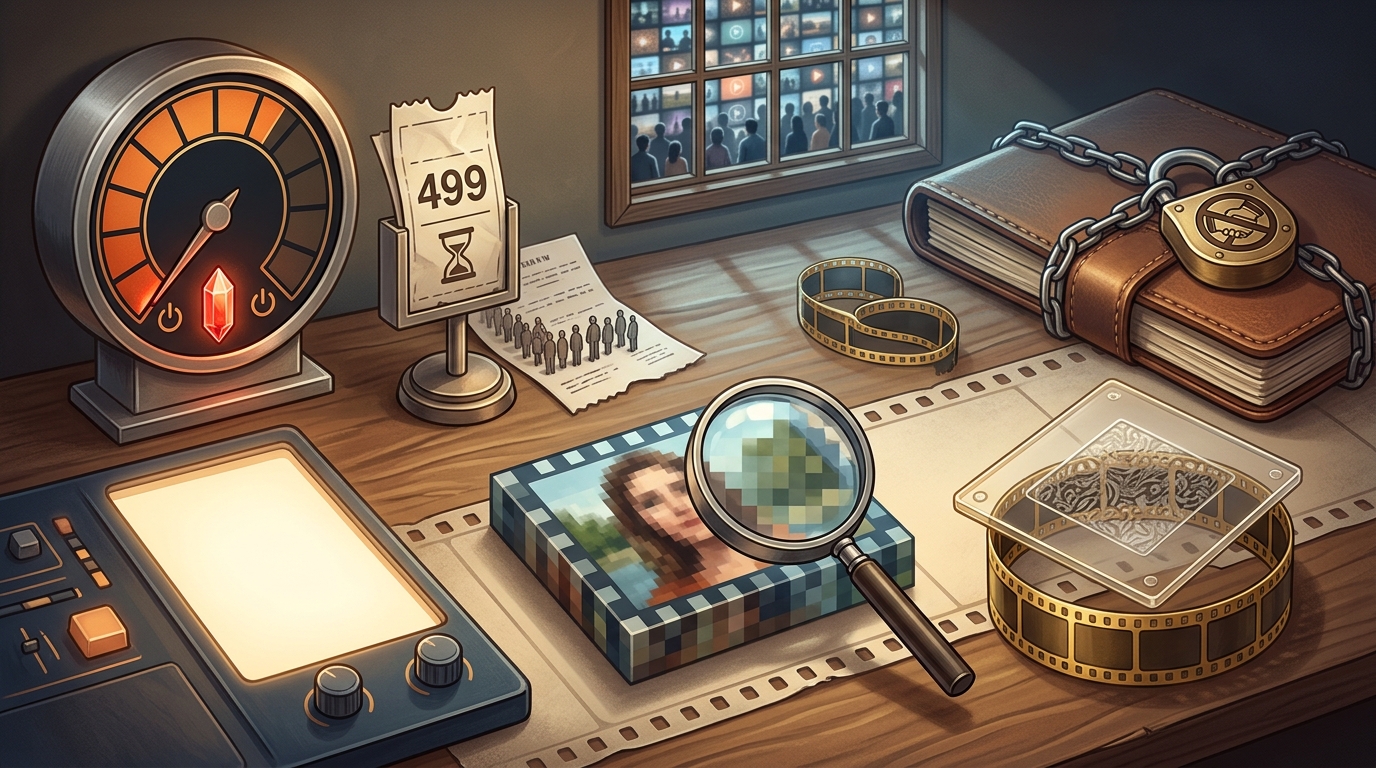 Conceptual workspace showing credit, watermark, resolution, queue, licensing, and privacy limits on free AI video tools
