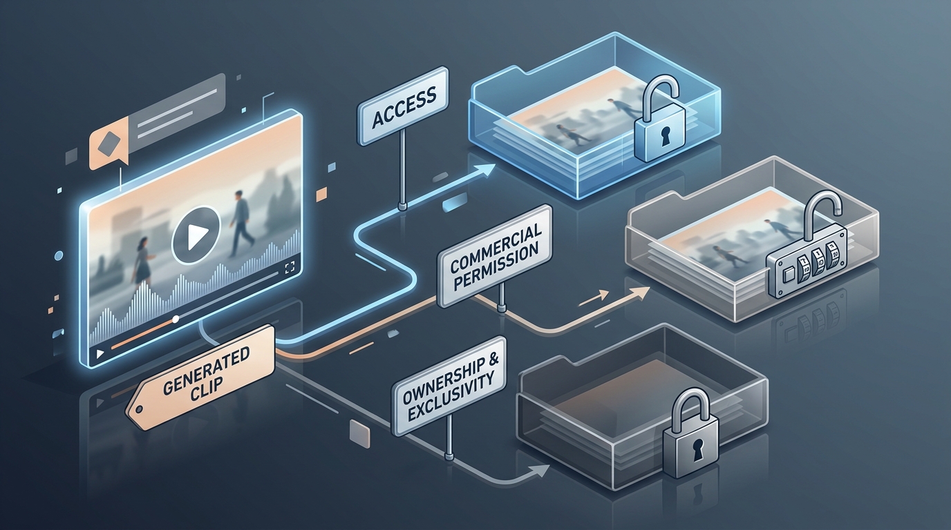 Conceptual diagram separating access, commercial permission, and ownership of an AI-generated video