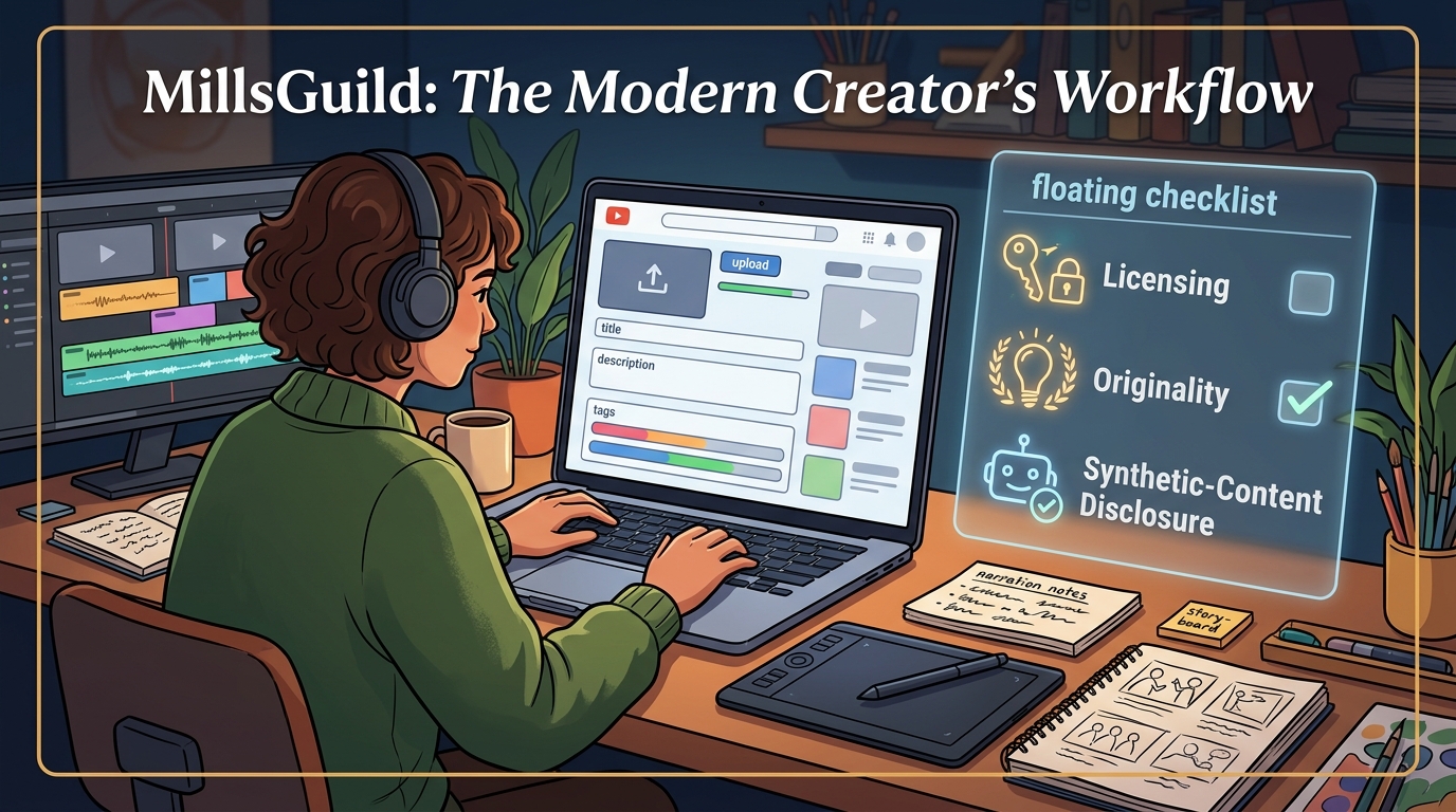 Creator reviewing licensing, originality, and synthetic-content disclosure before uploading an AI-assisted video