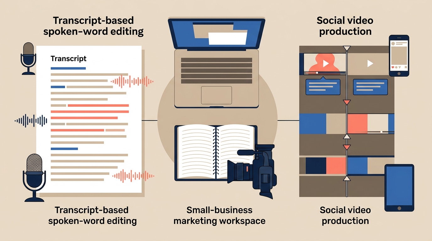 Editorial illustration contrasting transcript-based spoken-video editing with visual timeline editing for social media content