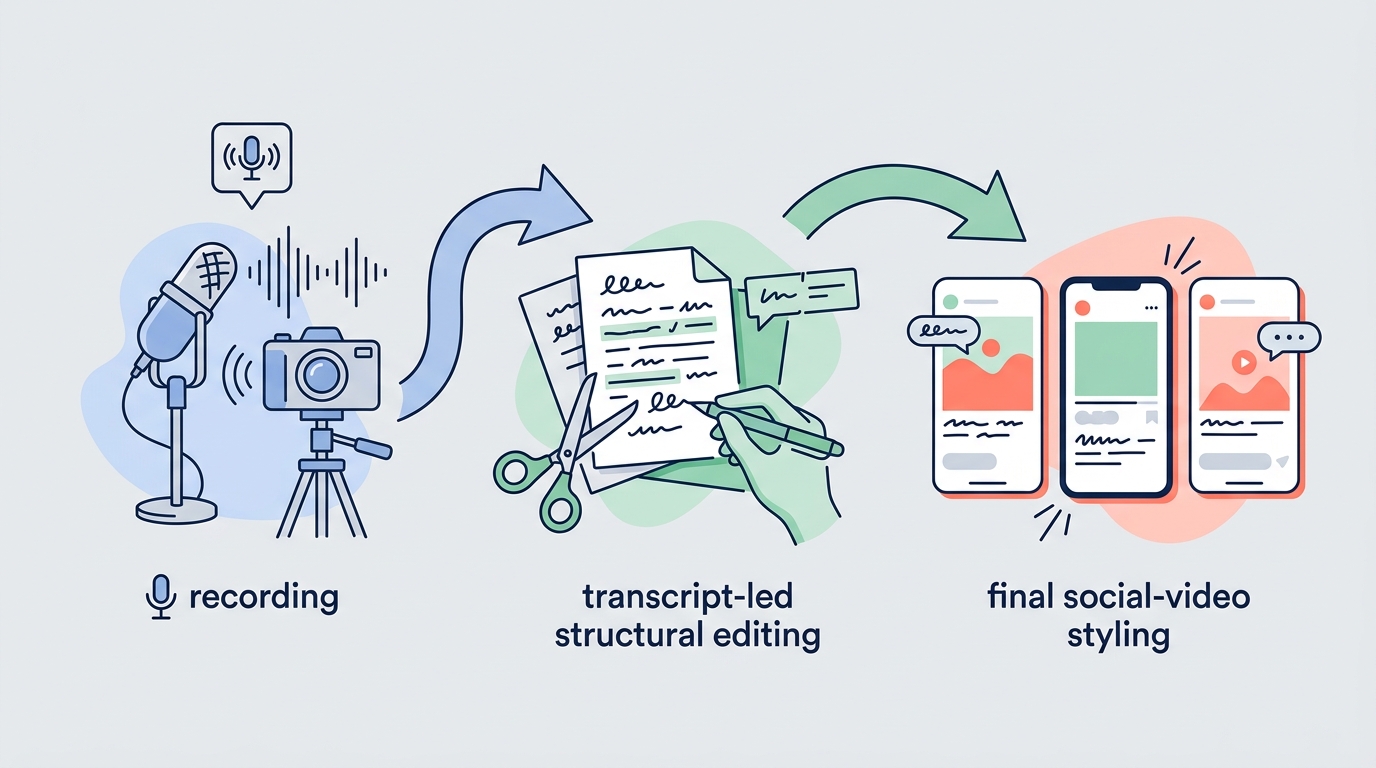 Three-stage workflow from recording a long-form video to editing its narrative and styling social clips