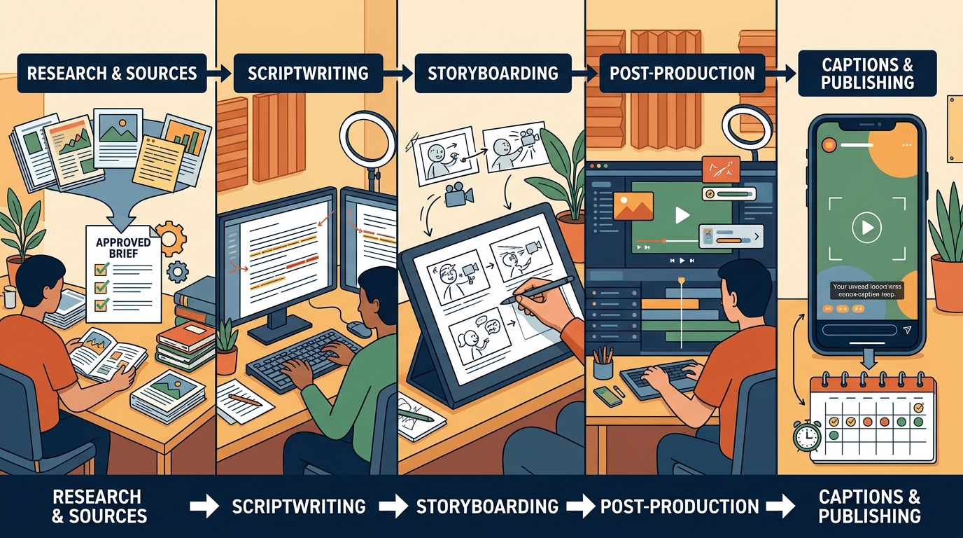 Visual sequence showing research becoming a brief, script, short-form video, caption, and scheduled publication.