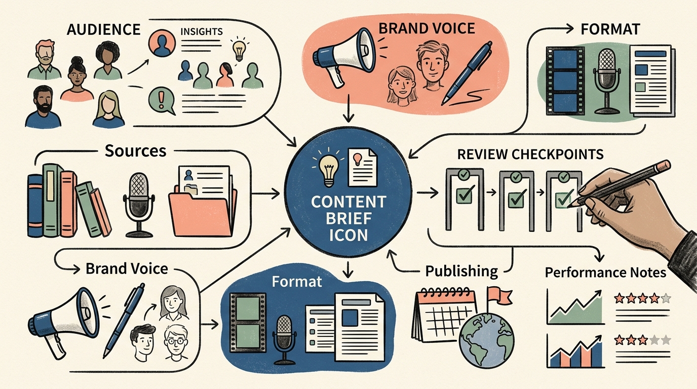 Editorial planning illustration with a central content brief connected to research, brand guidance, review, publishing, and learning.