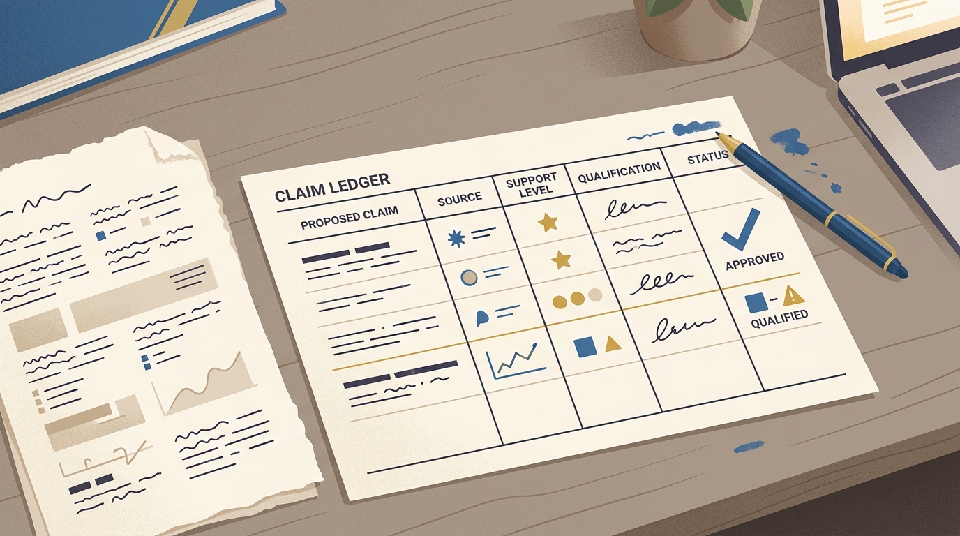 A claim ledger beside source material, showing claims being classified as approved or qualified.