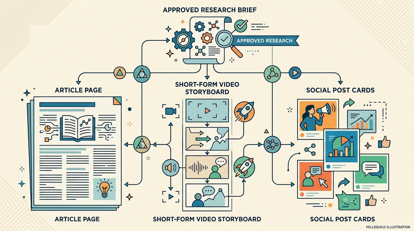 One approved research brief branching into an article, short-form video, and social content while preserving the same evidence.