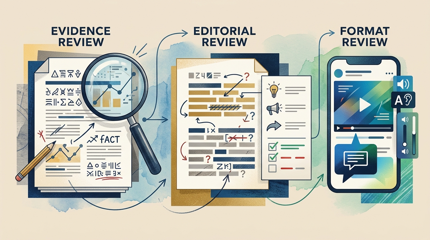 Three review stations for checking evidence, editorial quality, and platform format before publication.