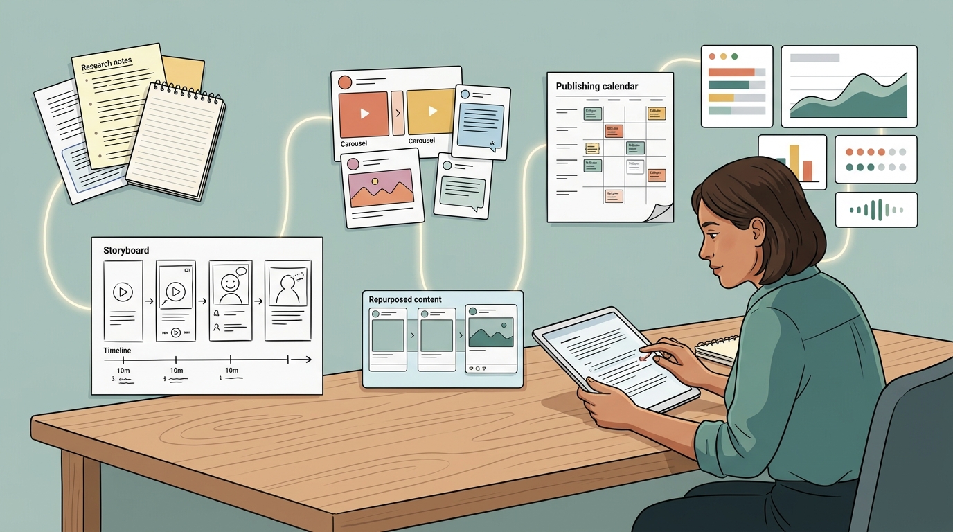 Small business owner reviewing an AI-assisted content workflow before publishing