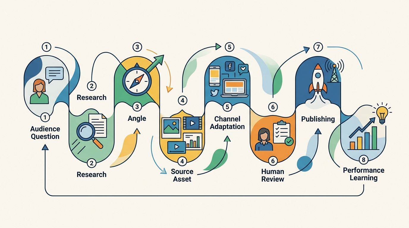 Connected content workflow from audience research through review, publishing, and learning