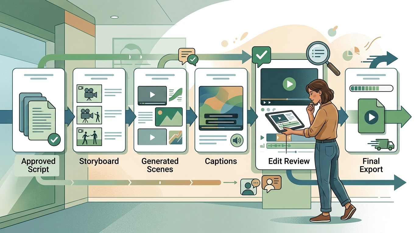 Human reviewing a short-form video as it moves through an AI-assisted production workflow