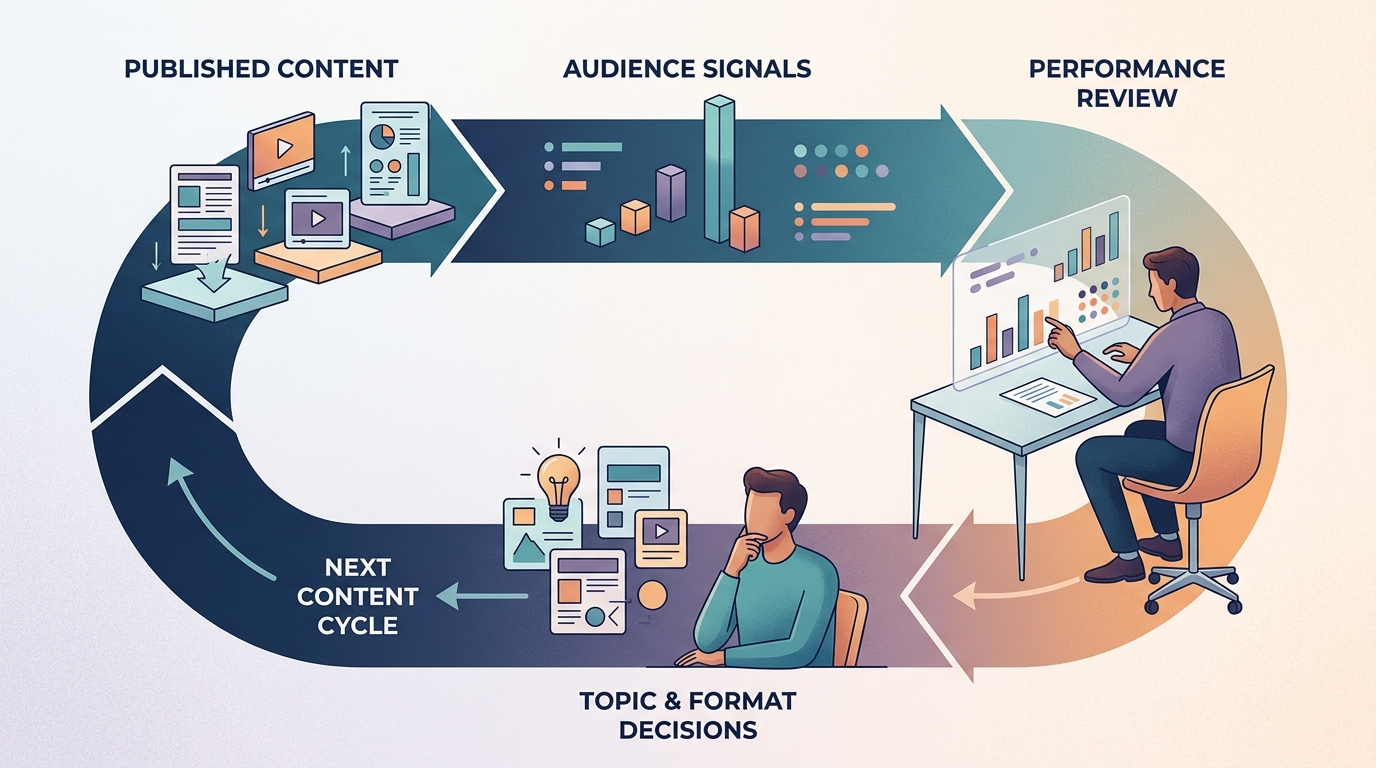 Human-reviewed content learning loop connecting publishing, audience response, and the next content cycle