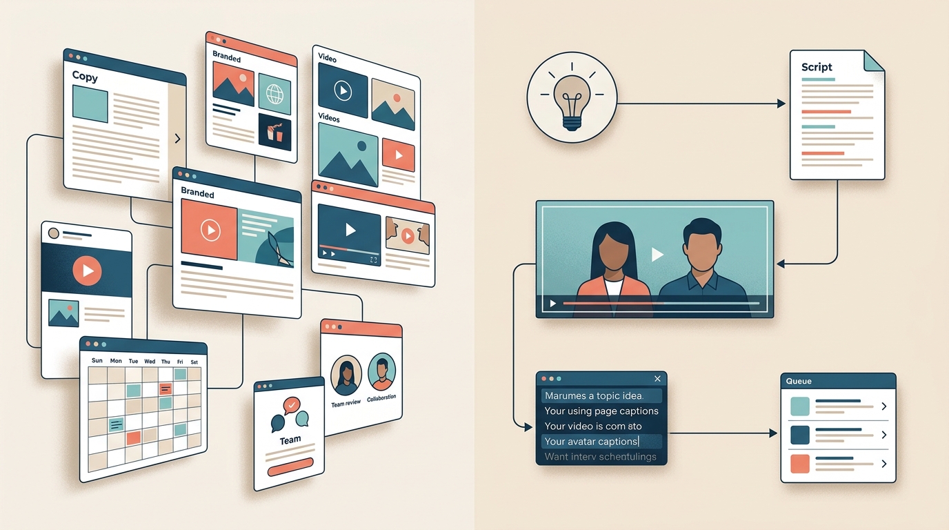 Editorial comparison showing a broad multiformat marketing workflow beside a focused AI video creation pipeline.