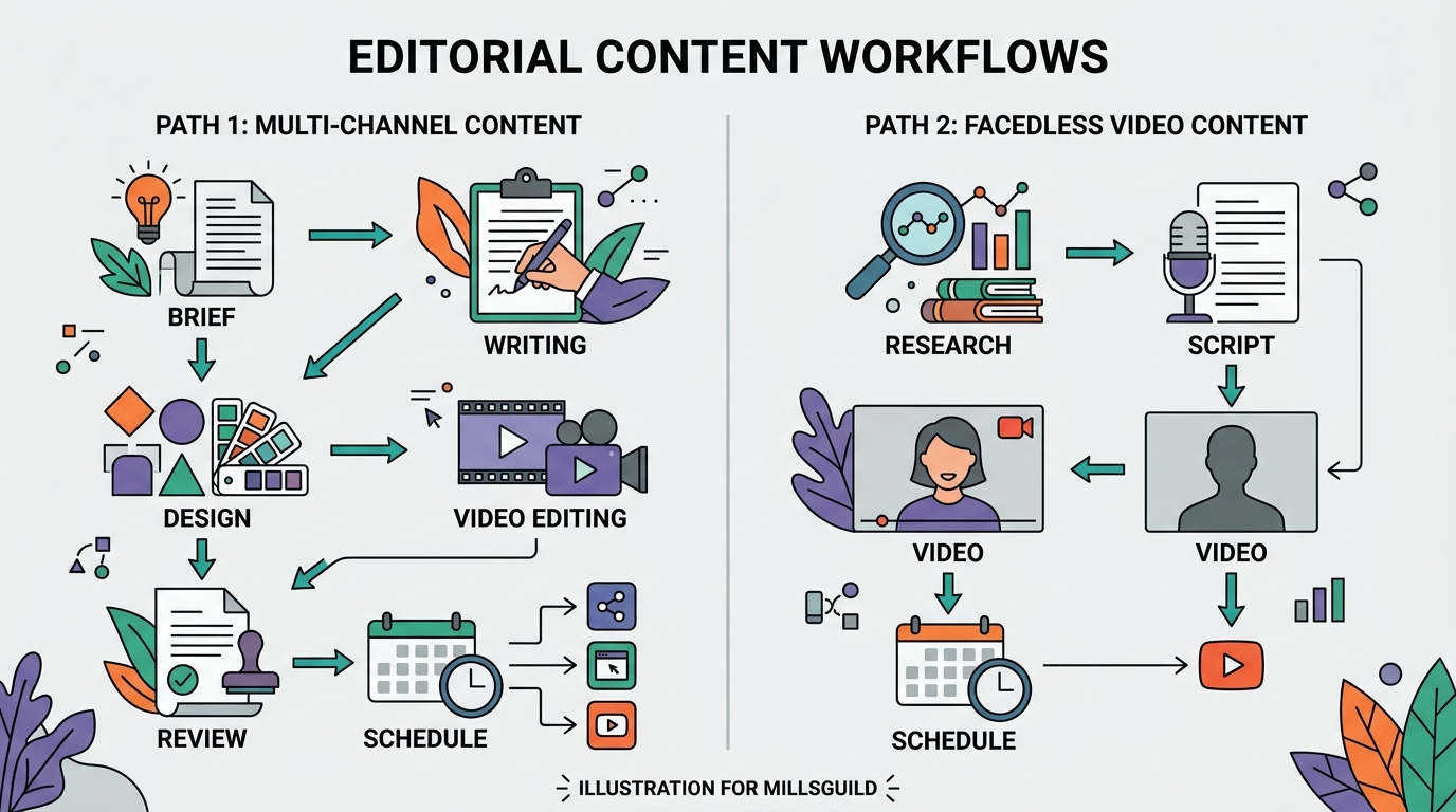 Two editorial workflow paths compare multiformat campaign production with topic-to-video publishing.