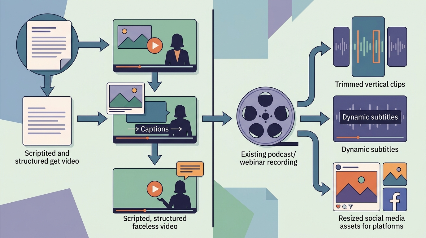 Conceptual comparison of generating a video from a topic versus repurposing existing recordings into social clips.