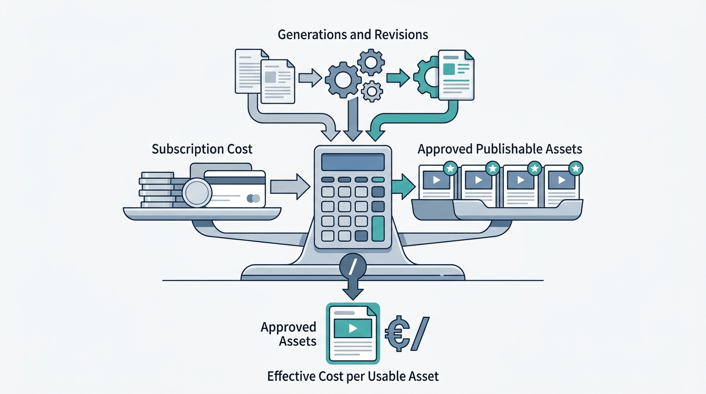 Editorial cost framework showing subscription cost and revision effort divided by approved publishable assets.