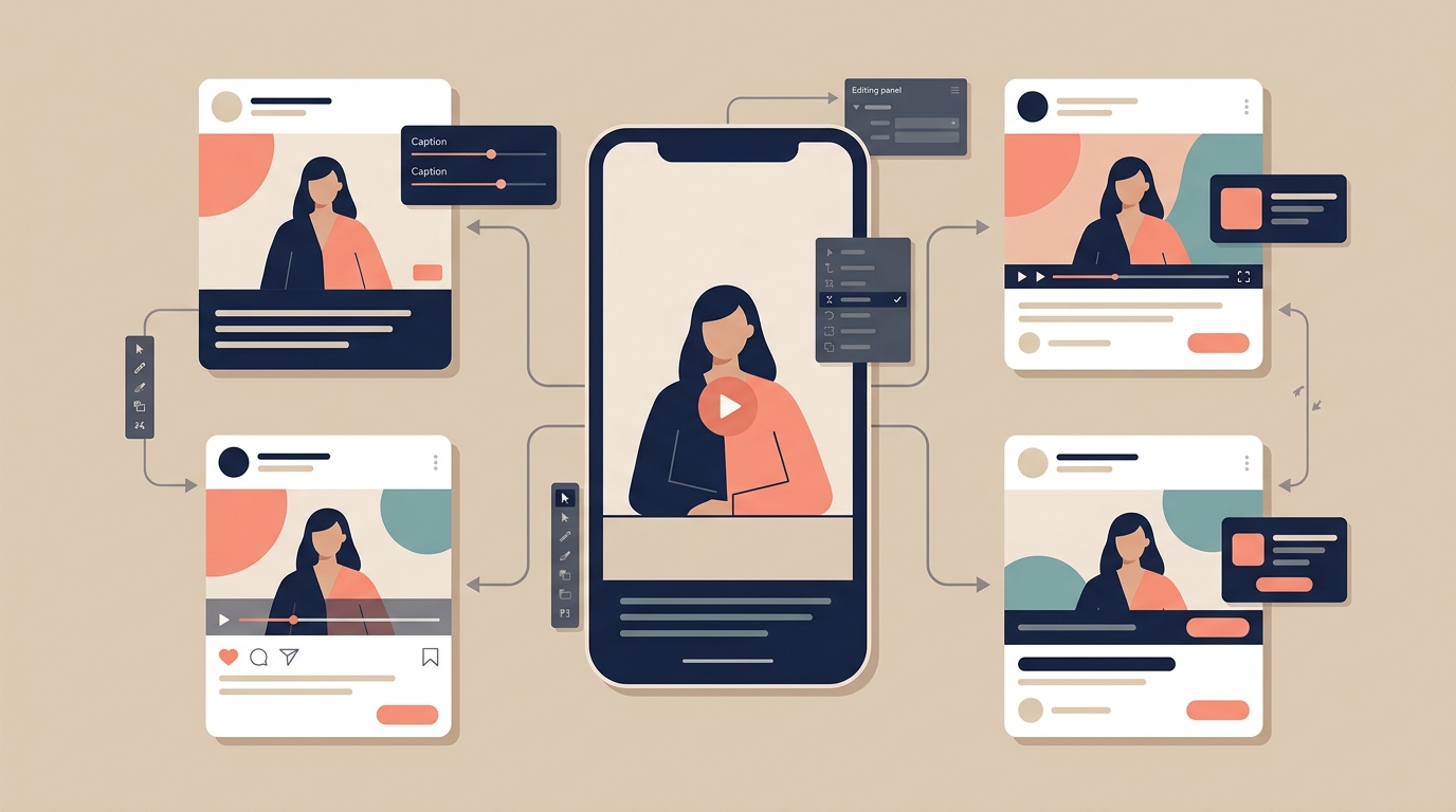 A clean vertical video master branching into adapted versions for several social media channels