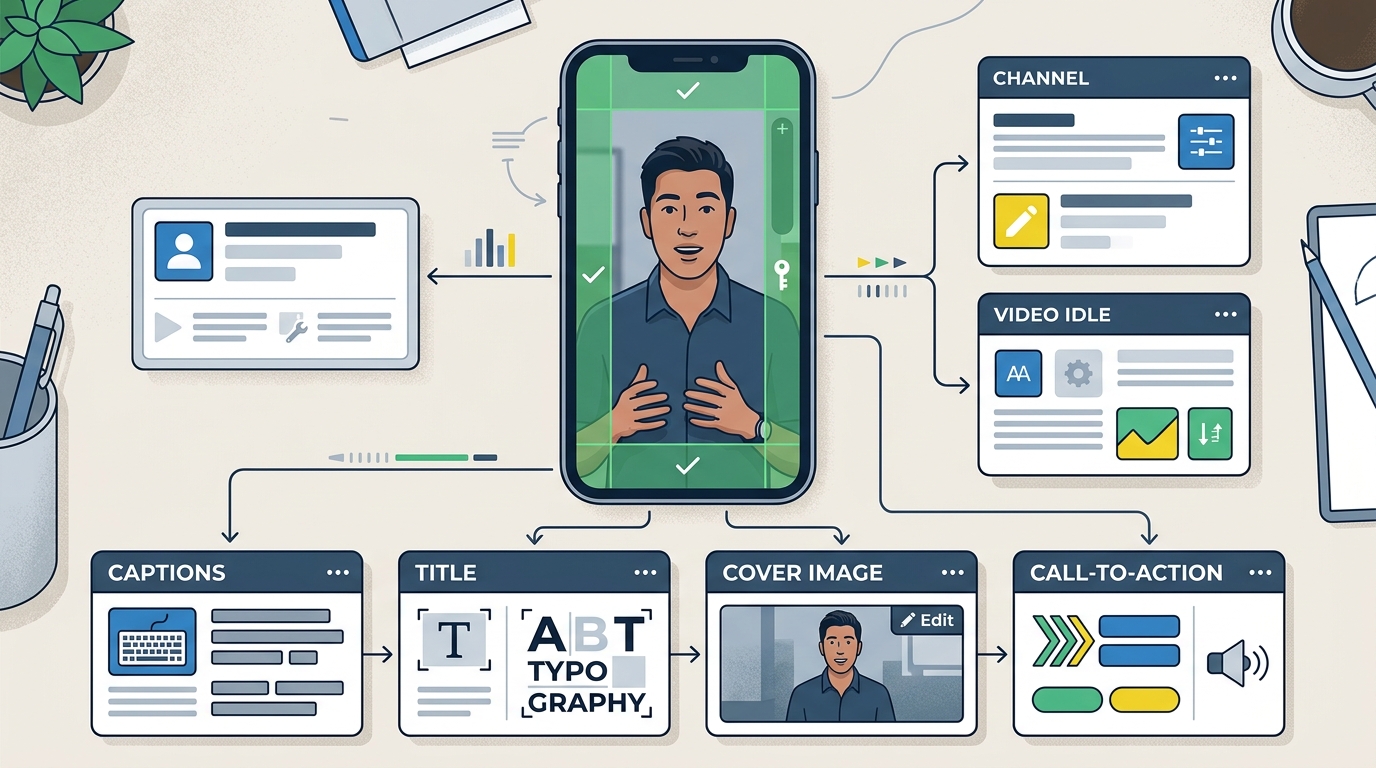 A clean vertical video master with editable captions, cover art, and call-to-action elements arranged for adaptation