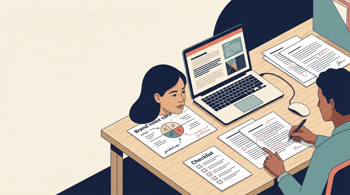 A small business team reviews writing samples, brand voice rules, and an AI content checklist at a desk.